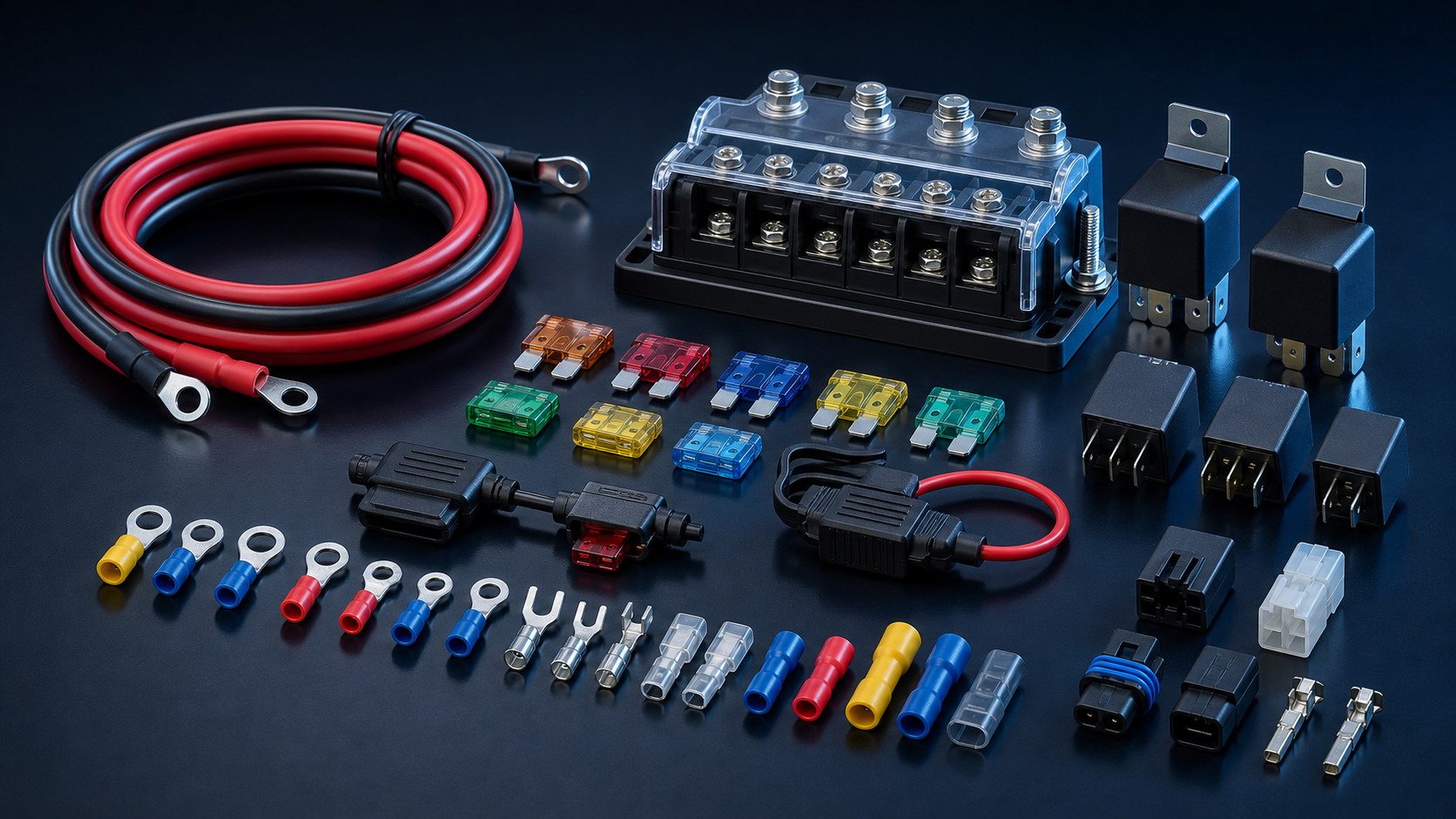Composición de relés, fusibles, cables, terminales y portafusibles
